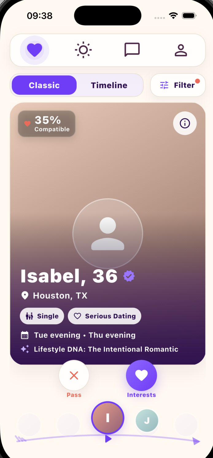 Vida Classic Discover showing a compatibility-led profile card